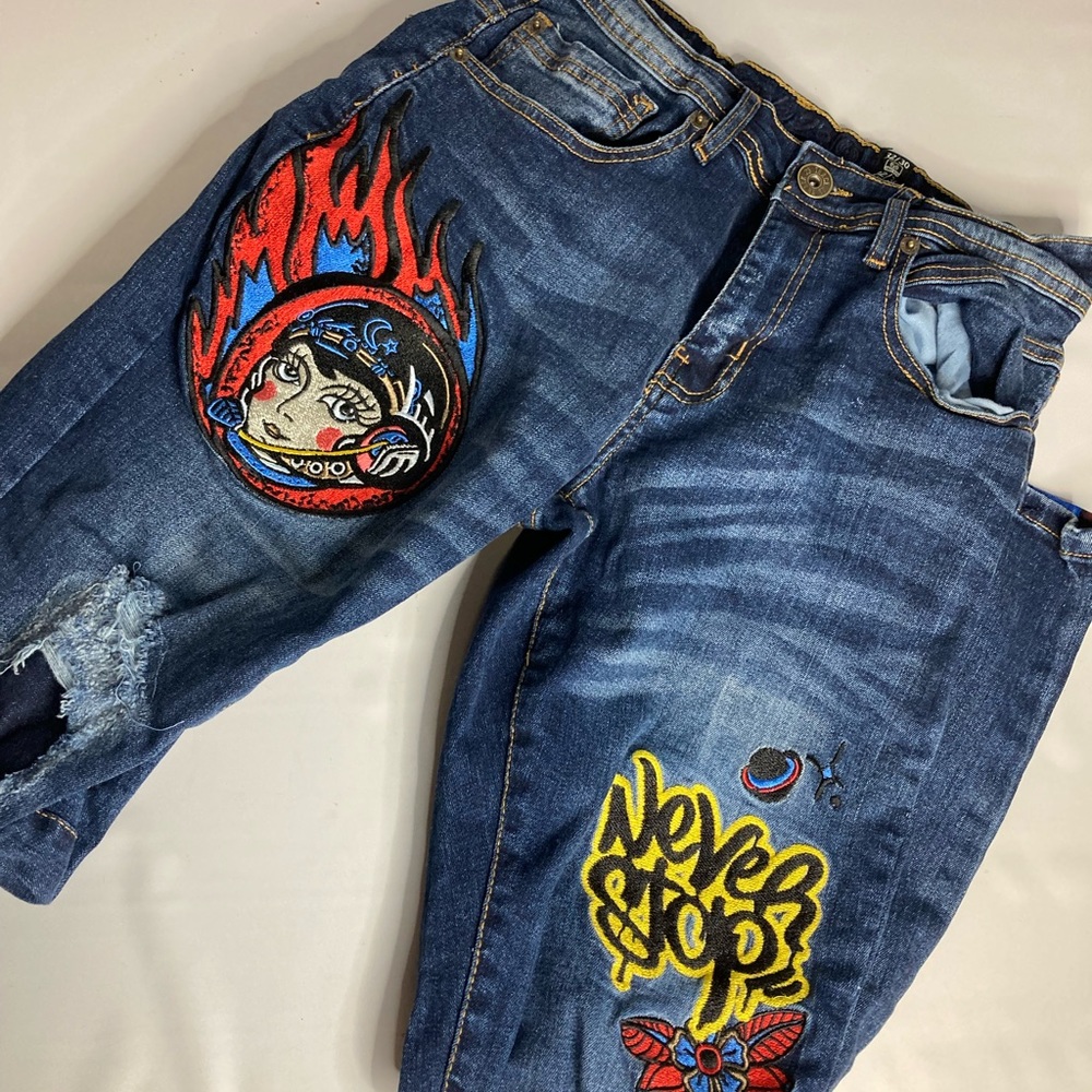 Track 23 blue stretch skinny jeans patch 32x30